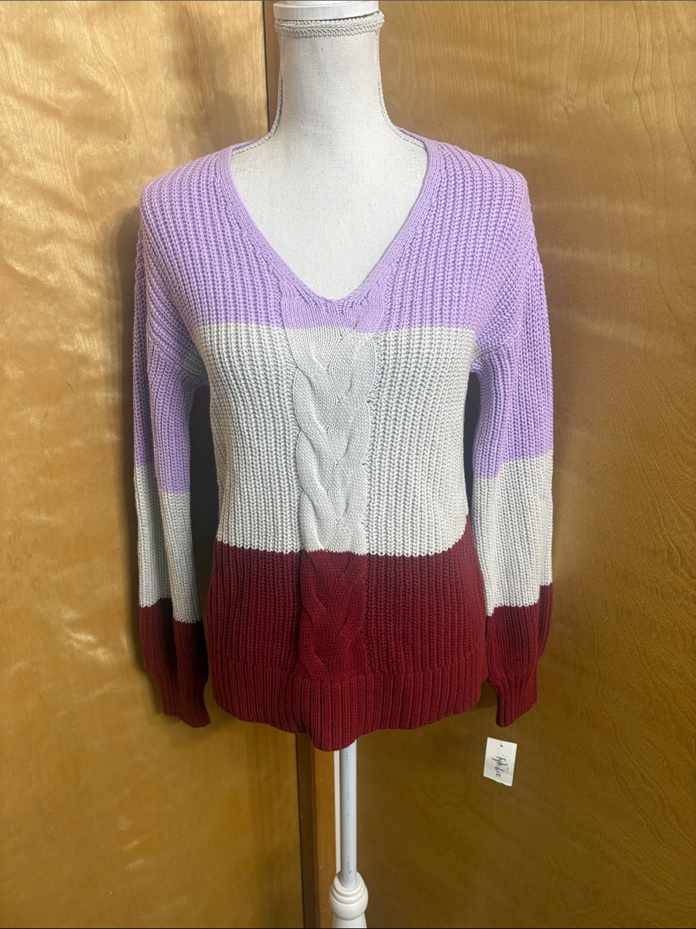NWT Style & Co Cable V-Neck Purple Color Block Long Sleeve Sweater Size S